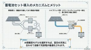 ハイブリッド型システムによる蓄電池セット導入の構成図とAI搭載モデルによる充放電最適化のメリット