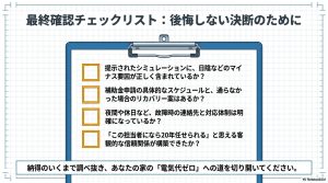 シミュレーション内容や連絡体制などを網羅した契約前の最終確認チェックリスト