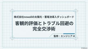 nowallの太陽光・蓄電池導入に関する客観的評価とトラブル回避術をまとめたダッシュボード画面の表紙