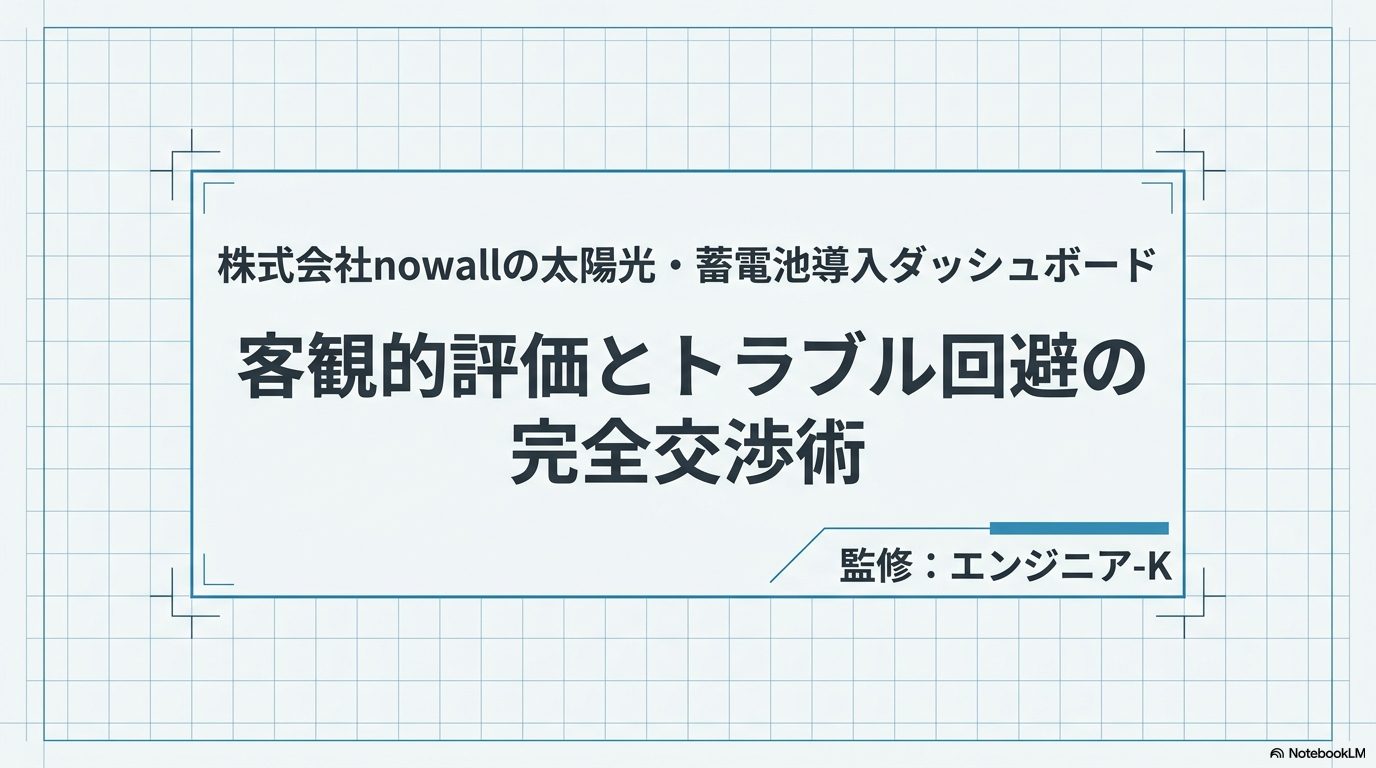nowallの太陽光・蓄電池導入に関する客観的評価とトラブル回避術をまとめたダッシュボード画面の表紙