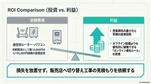通信用ルーターやパワコン交換の初期費用と、オンライン優先ルールによる収益向上の天秤。損失を放置せず切り替えを推奨する図。