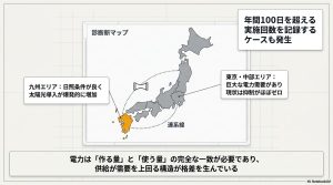 九州エリアで出力抑制が頻発し、東京・中部エリアでは抑制がほぼゼロという地域間格差を示す日本地図