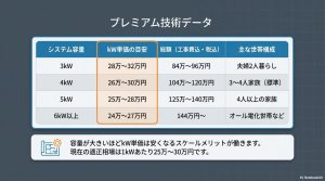 3kWから6kW以上の容量別に、kW単価と工事費込み総額の目安をまとめた比較表。