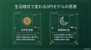 日中在宅型と夜間特化型での太陽光0円モデルの節約効果の違いを比較した図
