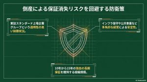 上場グループの透明性や独自長期保証など、日本エコシステムの安定性を示す図解