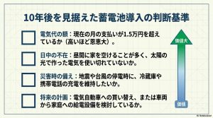 電気代の額、日中の不在、災害時の備え、将来の計画から蓄電池の価値を判断するチェックリスト。