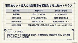 初期費用、災害対応、家計貢献、10年後の展開を太陽光のみと蓄電池セットで比較したマトリクス表