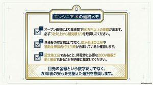 オープン価格の差額、相見積もりの必要性、防水工程の確認、200V機器構成の指定などをまとめた最終確認リスト。