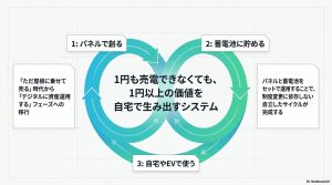太陽光で創り、蓄電池に貯め、自宅やEVで使うことで、売電に依存せず1円以上の価値を生み出す自立型サイクルの概念図