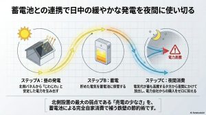 昼の緩やかな発電を蓄電し、夜間の電力高騰時に放電して購入電力をゼロに抑える流れを示したステップ図。