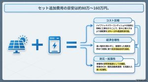 セット導入時の追加費用目安（80〜160万円）と、コスト圧縮や防災、拡張性に関するメリット。