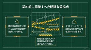 初期投資額の傾向、担当者の知識差、0円モデルの制限事項をまとめたデメリット解説図