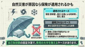 落雷、風災、雪災などで保険が適用される場合と、経年劣化で適用外になる場合の比較。
