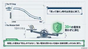 10年前と現在の売電価格の推移グラフと、10円で売るより30円の電気を買わない自家消費の方がお得であることを示す天秤のイラスト