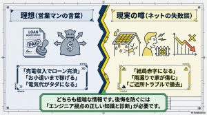 太陽光発電の営業マンが語る理想と、ネット上の失敗談という現実のギャップをエンジニア視点で解説する比較図