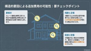 屋根材の種類や階数、足場設置、電気設備など追加費用が発生しやすい箇所を解説した住宅図。