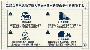 屋根条件、周辺環境、設置方位、将来予測の4つの観点から導入を見送るべき基準をまとめたパネル