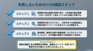 kW単価の確認、長期保証のパッケージ化、現地調査と相見積もりをまとめた導入チェックリスト。