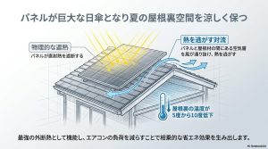 パネルが日傘となり、空気層の対流によって屋根裏温度を5〜10度低下させる仕組みの解説図。