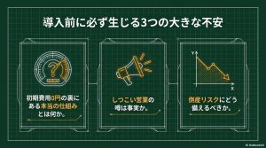 太陽光発電導入前に感じる3つの大きな不安(0円の仕組み・営業・倒産リスク)の図解スライド