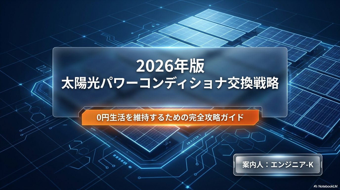 2026年版の太陽光パワーコンディショナ交換戦略について、0円生活を維持するための完全攻略ガイドの表紙画像。