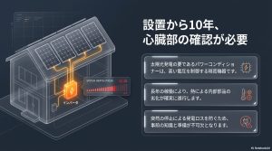 住宅の太陽光パネルからインバータ（パワコン）への配線と、熱による内部部品の劣化・システム停止リスクを示すイメージ図。