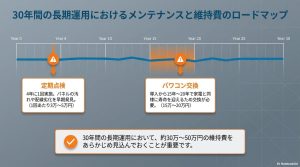 4年ごとの定期点検と15〜20年目のパワコン交換のタイミング、費用目安を示した30年間の年表。