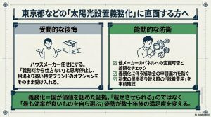 義務化をハウスメーカー任せにするリスクと、自らパネル変更や補助金をチェックして能動的に防衛する姿勢の比較