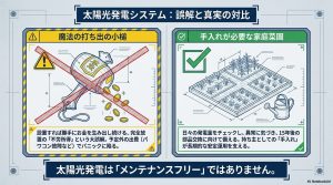 太陽光発電を「魔法の打ち出の小槌」と誤解せず、「手入れが必要な家庭菜園」と捉えるべき心構えを比較したイラスト