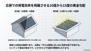 急勾配屋根の影のリスクと、緩勾配屋根が全方位からの散乱光を受け止める仕組みの比較図。