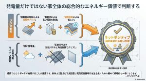 プラス要素（自給率・蓄電池・遮熱）とマイナス要素（発電量・反射光）を比較し、ネットポジティブな投資になることを示す図。