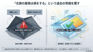 過去の「北側は不向き」という常識と、最新技術による「賢い選択」への変化を示す比較イラスト。