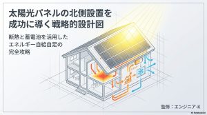 太陽光パネルの北側設置と蓄電池、断熱を組み合わせたエネルギー自給自足の全体イメージ図。