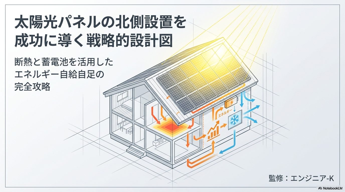 太陽光パネルの北側設置と蓄電池、断熱を組み合わせたエネルギー自給自足の全体イメージ図。