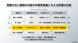 真南、東西、真北（10度・30度）の発電効率とおすすめの活用シーンをまとめた比較表