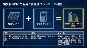 太陽光パネルと蓄電池ソラトモの同時導入によるセット割引と工事費削減効果を解説するスライド。