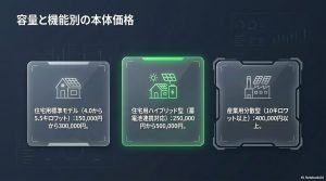 住宅用標準モデル、住宅用ハイブリッド型（蓄電池連携対応）、産業用分散型の本体価格目安を示した比較図。