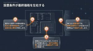 屋内から屋外への場所変更、海に近い塩害地域での防錆モデル、パネル出力に対する最適なサイズ選びなど、価格を変動させる要因の解説図。