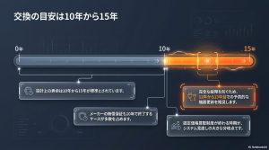 パワコンの設計上の寿命（10年〜15年）と、12〜13年目での予防的な機器更新、FIT終了時のシステム見直しを解説したタイムライン図。