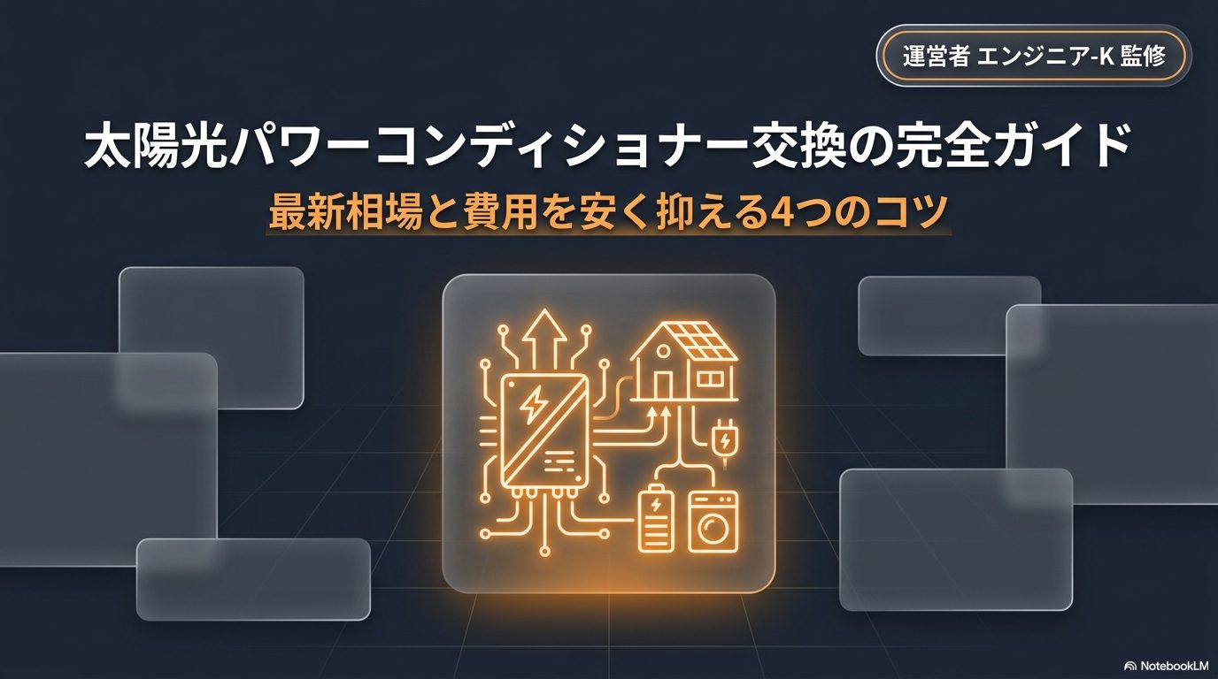 太陽光パワーコンディショナー交換の完全ガイド。最新相場と費用を安く抑える4つのコツ。運営者エンジニア-K監修のメインビジュアル。