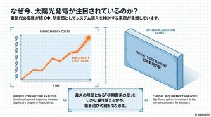 電気代高騰の推移グラフと導入の壁となる初期費用をいかに乗り越えるかを解説した図解