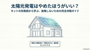 太陽光発電導入で後悔しないための完全攻略ガイドのアイキャッチ画像。家のイラストと太陽光パネルが描かれている。