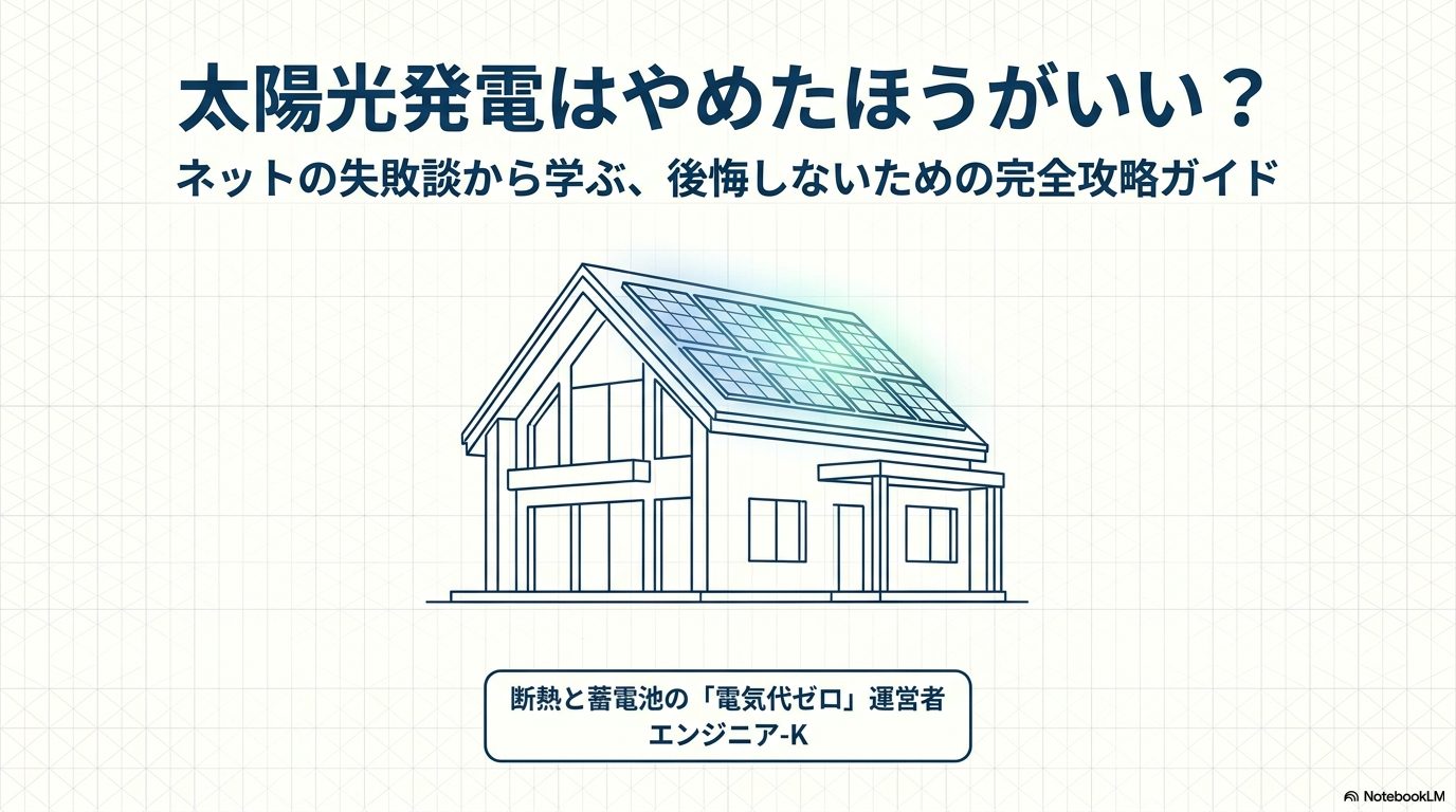 太陽光発電導入で後悔しないための完全攻略ガイドのアイキャッチ画像。家のイラストと太陽光パネルが描かれている。