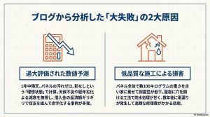 過大評価された数値予測と低品質な施工による雨漏りなどの損害を説明する比較図。