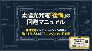 太陽光発電の後悔を避けるための悪質営業・シミュレーションの罠・施工トラブルを防ぐエンジニアの防衛術の表紙スライド