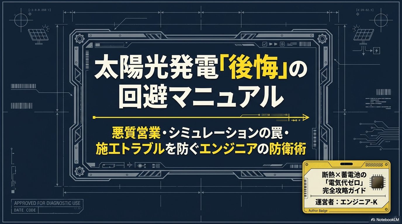 太陽光発電の後悔を避けるための悪質営業・シミュレーションの罠・施工トラブルを防ぐエンジニアの防衛術の表紙スライド