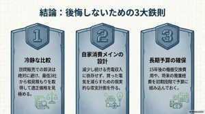 太陽光発電導入で後悔しないための3大鉄則（冷静な比較、自家消費メインの設計、長期予算の確保）をまとめた図解。