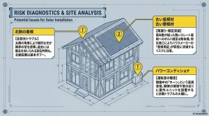 北側の屋根の反射光、古い屋根材への施工、パワコンの運転音など、住宅の図解を用いた設置リスクの診断図