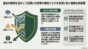 災害・近隣トラブルのリスク防衛策と施主向けチェックリストのまとめ図