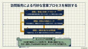 警戒心を解く、射幸心を煽る、決断を急がせるという訪問販売の3段階営業ステップとエンジニア-Kの対策